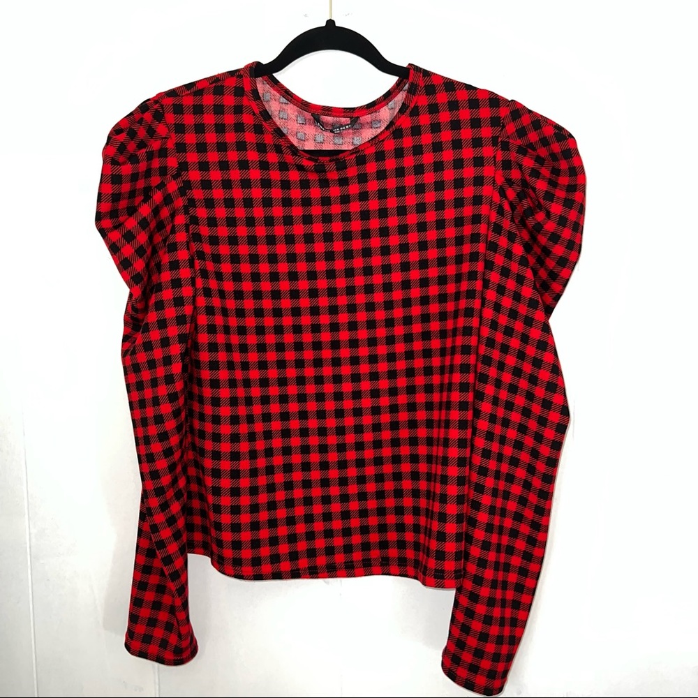 Shein Black & Red Small Buffalo Check Knit Top, Puffy Shoulders, Size XL